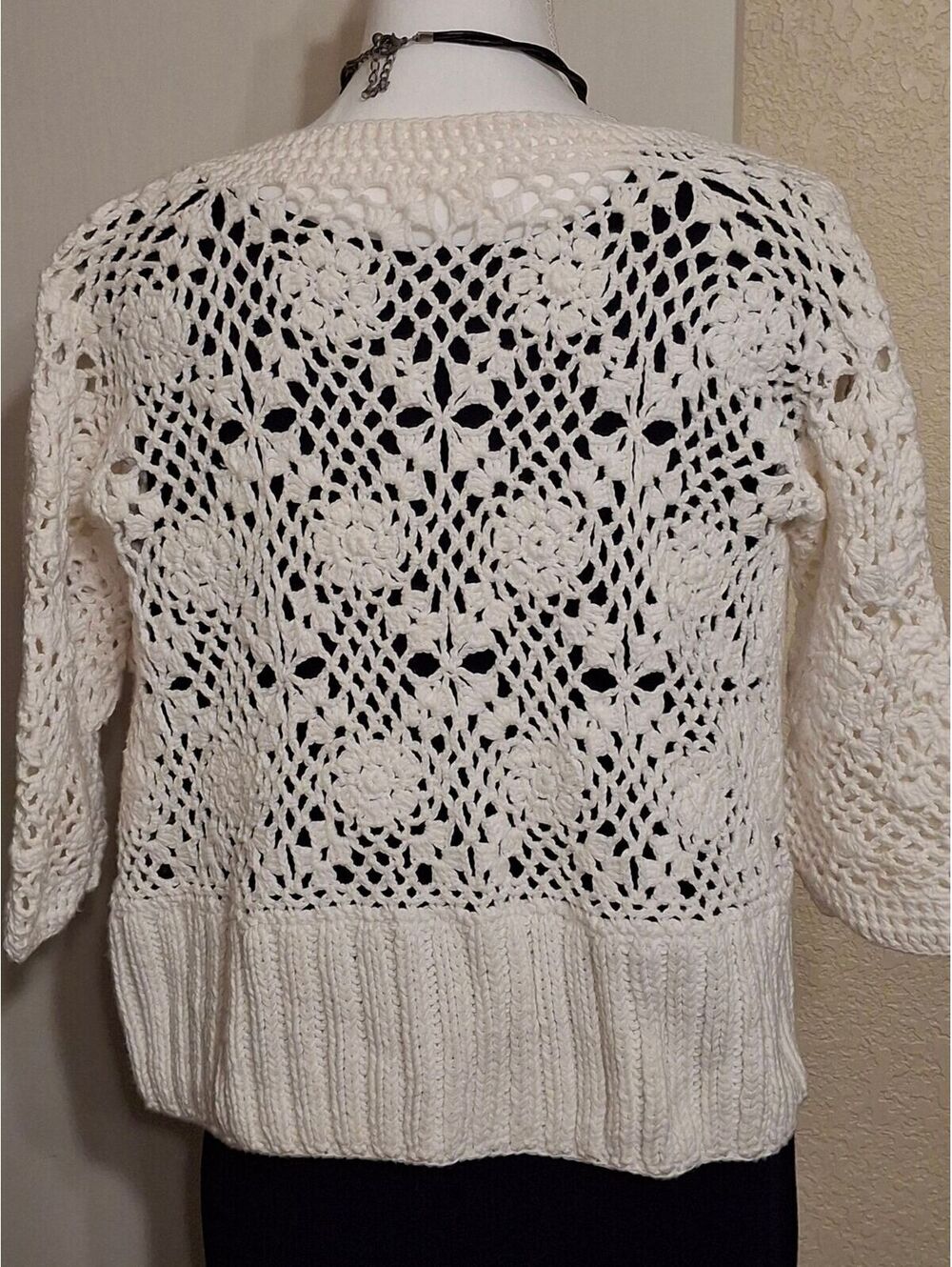 Rico Handknits Y2K Cream Crochet Cardigan Sweater Size S - Picture 2 of 8